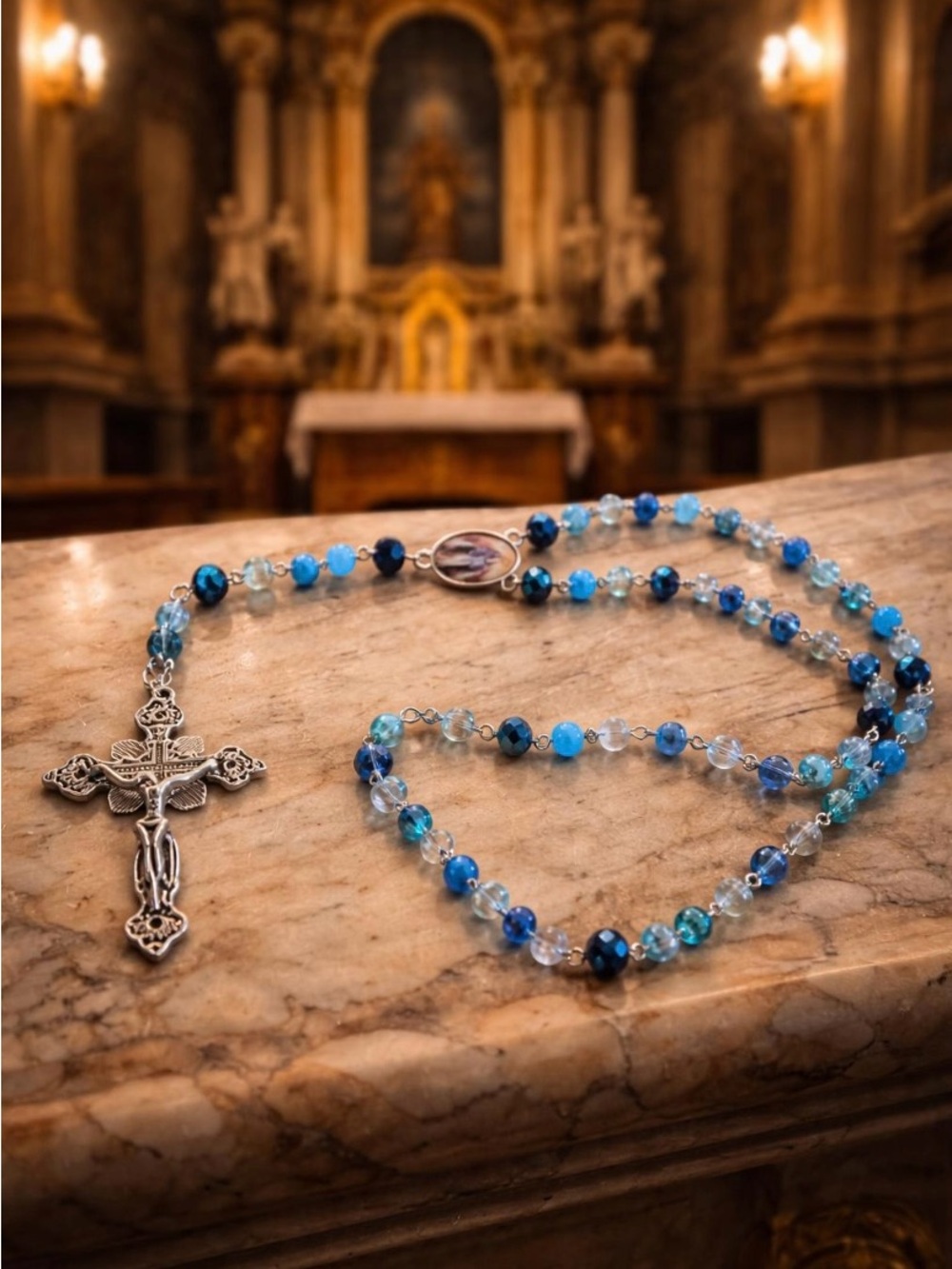 Blue Bead Rosary Necklace with Crucifix